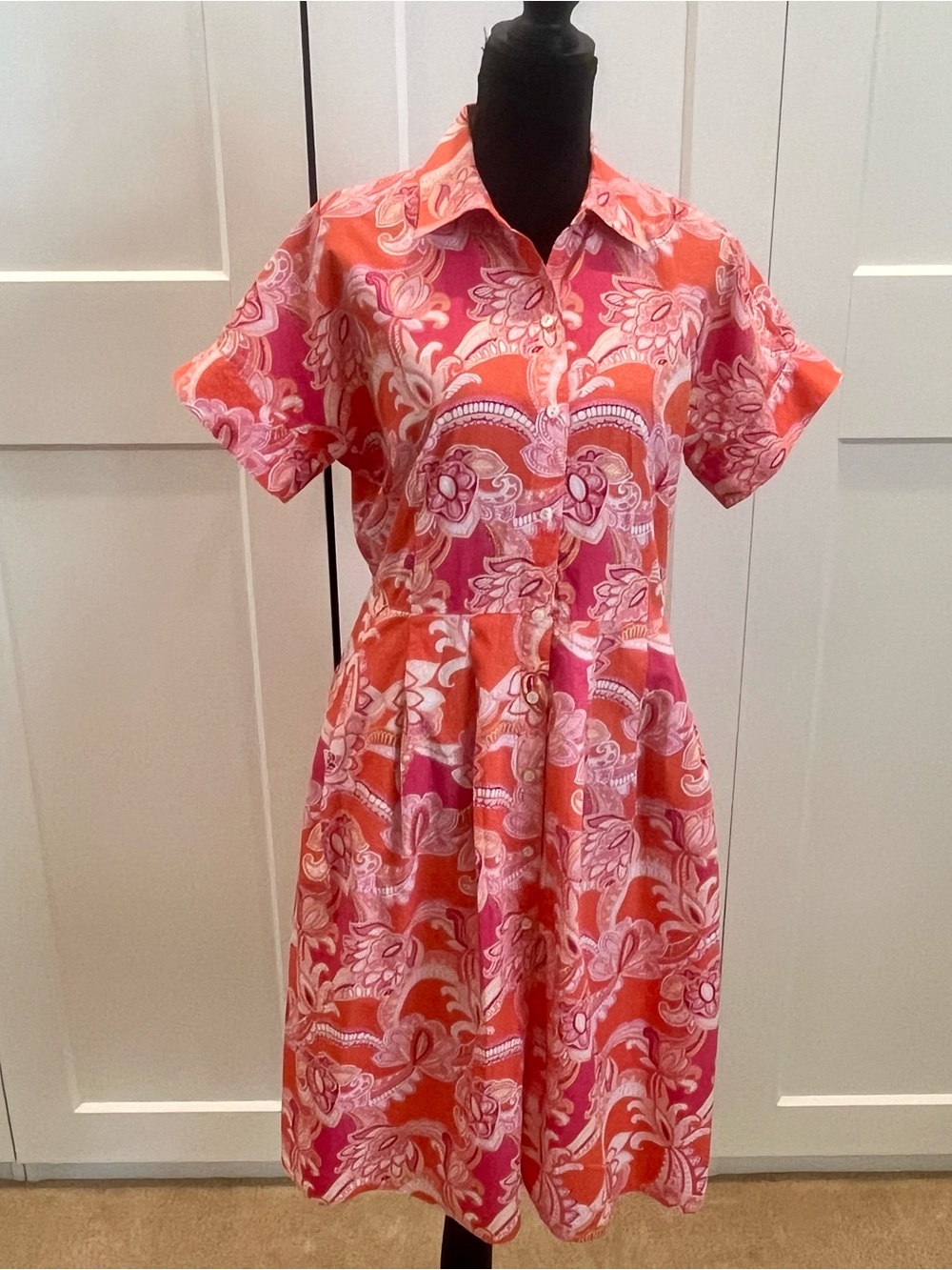 Talbots Coral and Pink Floral Paisley Button-Front Shirt Dress 100% Cotton Sz 6P